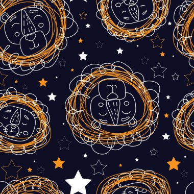 Kusursuz desenli, çizgi filmdeki hayvan başlı aslanlar koyu mavi arka planda karalama düz stil. Stok çizimi. Posterler, kartlar, tişörtler, yeni doğan bebekler, çocuk resimleri için tasarım.