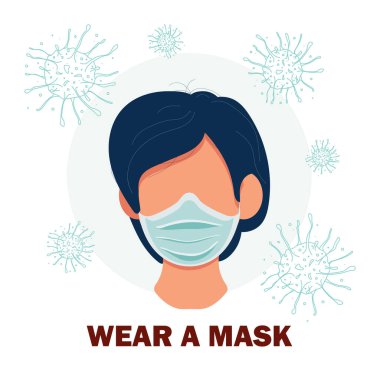Virüslerin yayılmasını engellemek için tek kullanımlık tıbbi yüz maskesi, beyaz arka planda izole edilmiş elden ağıza iletimleri önlemeye yardımcı olur, düz simge. Stok illüstrasyonu.