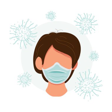 Virüslerin yayılmasını engellemek için tek kullanımlık tıbbi yüz maskesi, beyaz arka planda izole edilmiş elden ağıza iletimleri önlemeye yardımcı olur, düz simge. Stok illüstrasyonu.