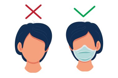Virüslerin yayılmasını engellemek için tek kullanımlık tıbbi yüz maskesi, beyaz arka planda izole edilmiş elden ağıza iletimleri önlemeye yardımcı olur, düz simge. Stok illüstrasyonu.