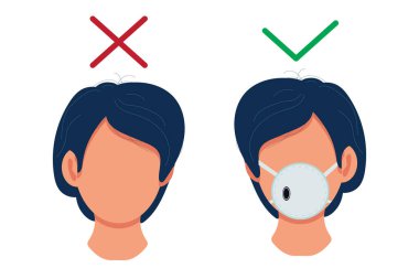 Virüslerin yayılmasını engellemek için tek kullanımlık tıbbi yüz maskesi, beyaz arka planda izole edilmiş elden ağıza iletimleri önlemeye yardımcı olur, düz simge. Stok illüstrasyonu.