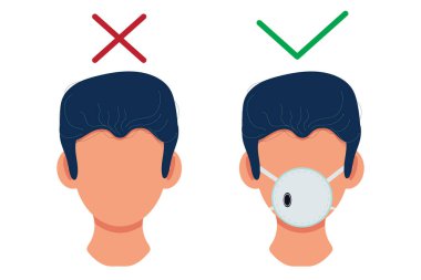 Yüzünde solunum cihazı olan ve olmayan adamlar. Coronavirus ve karantina. Maskesiz olmanın yasağı. Hastalıklar ve salgınlar. Koruma ve sağlık. Stok illüstrasyonu.