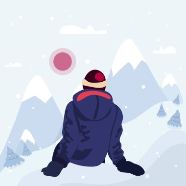 Kayak merkezindeki koyu renk elbiseli adam. Kış sporu, açık şehir aktiviteleri. Vector stok çizimi kış manzarası arka planında izole edildi. Modern düz stil çizgi film karakteri.