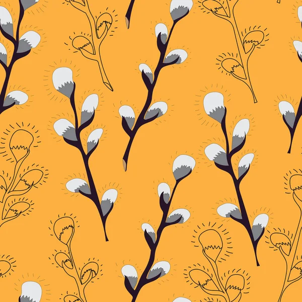 Spring twigs easter pussy willow tree, catkins closeup isolated on a white background. Hand painting on paper. Bright cute hand drawn illustration. Easter symbol.
