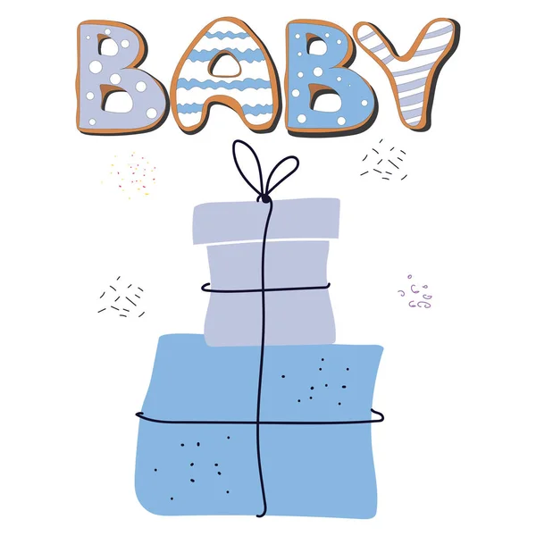 赤ん坊およびドアは箱を示す 赤ちゃんの装飾のためのデザイン バッグ ポスター 招待状 カード 白い背景に隔離された落書きフラットイラスト — ストックベクタ