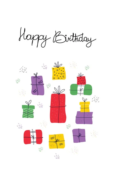 Поздравительная Открытка День Рождения Различными Подарочными Коробками Буквами Белом Фоне — стоковый вектор