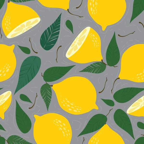 Limonlu kusursuz desen. Sarı limonlu, yeşil yapraklı parlak yaz dekoratif arka planı. Yapraklı sulu limonlar. Limonları yönlendir. El çizimi arkaplan.