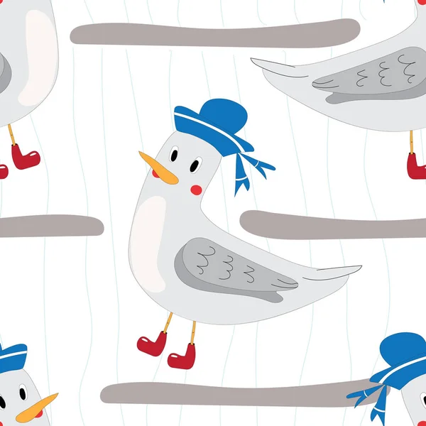 Χαριτωμένο Kawaii Doodle Γλάρος Μπλε Ναυτικό Καπέλο Απομονώνονται Λευκό Φόντο — Διανυσματικό Αρχείο