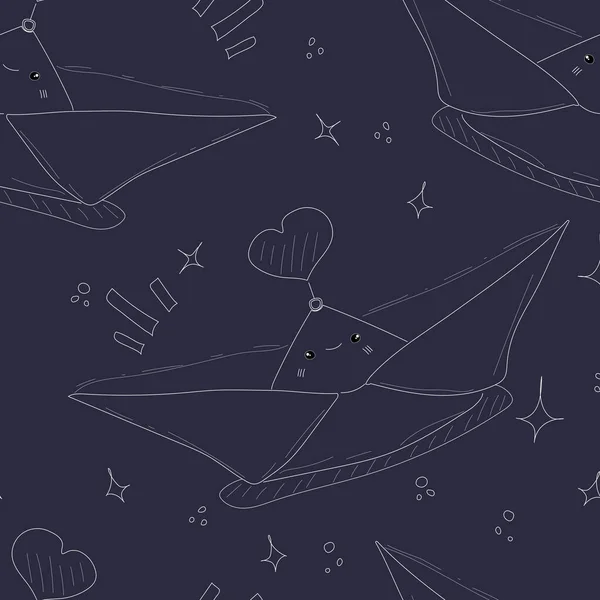 手绘涂鸦 卡瓦可爱的纸船和心脏在无缝图案的设计 在浅紫色背景上孤立的种群向量图解 表面设计 纺织品 墙纸设计 — 图库矢量图片