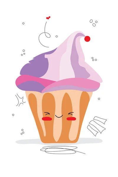 Handgetekende Cupcake Gelukkige Verjaardag Motief Doodle Vector Illustratie Geïsoleerd Witte — Stockvector