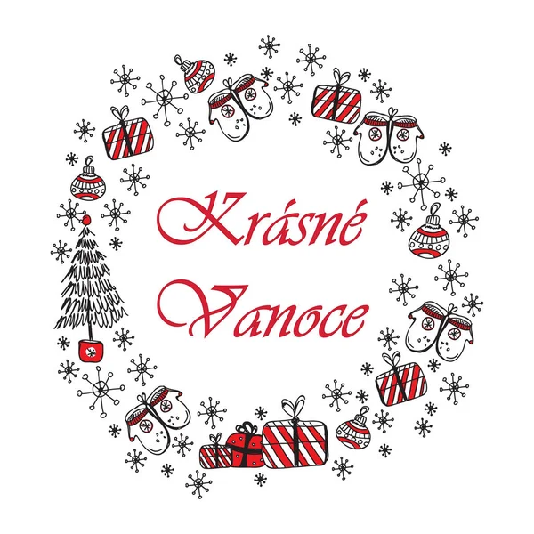 Mutlu Noeller ve yeni yılınız kutlu olsun. Beyaz arka planda kırmızı ve siyah Noel sembolleri olan bir tebrik kartı. Noel çelengi ve kartı, tasarımınız için çizim..
