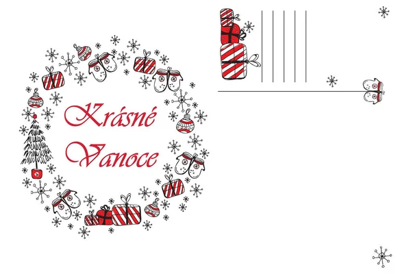 白い背景に隔離された赤と黒のクリスマスのシンボルを持つメリークリスマスとハッピー新年のドアグリーティングカード クリスマスリースとカードあなたのデザインのためのスケッチ — ストックベクタ