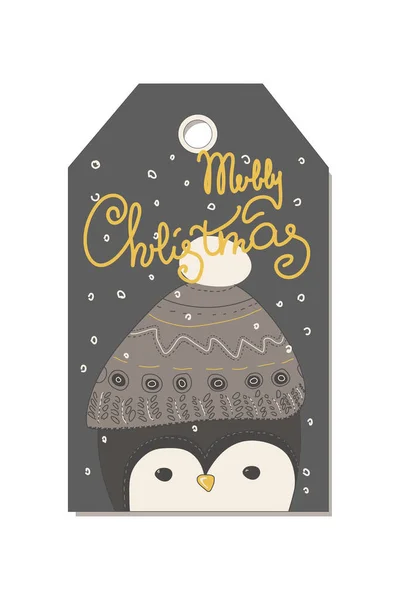Feliz Cartão Natal Com Pinguim Doodle Bonito Fundo Cinza Letras — Vetor de Stock