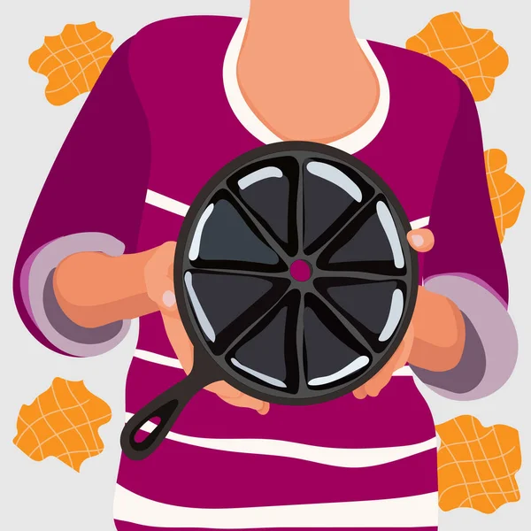 Pembe Tişörtlü Kadın Arka Planda Izole Edilmiş Waffle Için Elinde — Stok Vektör