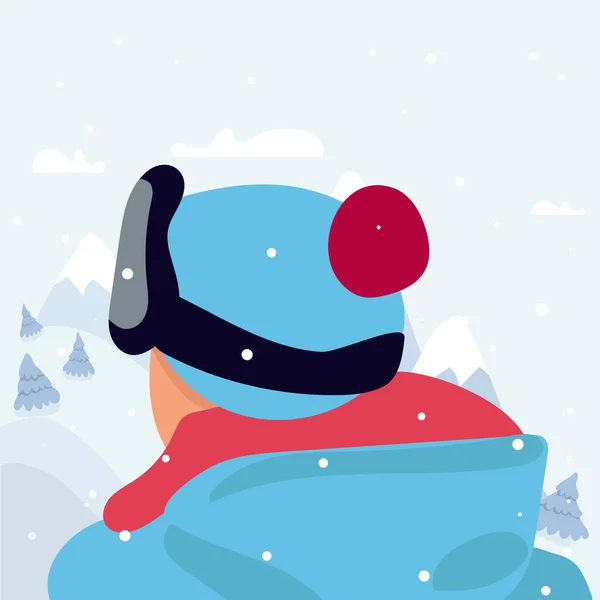 Man on ski resort. Winter sport, outdoor city activities. Vector stock illustration isolated on winter landscape background. Cartoon character in modern simple flat style