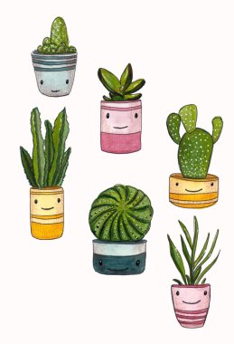 Beyaz arka planda izole edilmiş şirin çizgi film kaktüsleri. Pankartlara, kartpostallara, ambalaj kağıtlarına, çarşaflara ve çocuk kıyafetlerine baskı yapmak için suluboya resimleme.