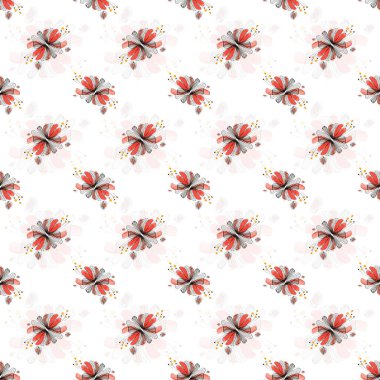 Sulu boyalı, kırmızı çiçekli ve siyah çizgili kusursuz desen. Beyaz arka planda el çizimi illüstrasyon. Duvar kağıdı veya kumaş için çiçek deseni, tekstil.