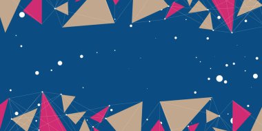 Geometrik afiş çizimi. Pembe, bej renkli üçgen ve beyaz daireli koyu mavi arka plan. İş için tasarım şablonu. Stok illüstrasyonu.