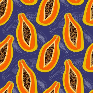 Koyu mor arka planda yarım papaya egzotik meyvesi olan kusursuz bir desen. Düz elle çizilmiş stil. Stok çizimi. Kumaş ve ambalaj üzerine baskı yapmak için tasarlandı.
