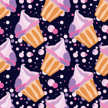 Waffle bardağında tatlı dondurma. Bir gömlek tasarımı, tekstil ve kumaş için karikatür çiziminde kusursuz desen. Koyu mavi arkaplanda karalama tarzında el çizimi çizimi.