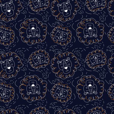 Kusursuz desenli, çizgi filmdeki hayvan başlı aslanlar koyu mavi arka planda karalama düz stil. Stok çizimi. Posterler, kartlar, tişörtler, yeni doğan bebekler, çocuk resimleri için tasarım.