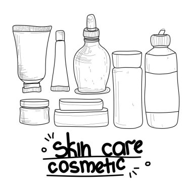 Cilt bakımı kozmetik seti, beyaz arka planda izole edilmiş elle çizilmiş stok çizimi. Krem, serum damlası ve yüz jölesi, losyon ikonları. 24 saat yüz kremi koruması. Tıbbi cilt kozmetiği.