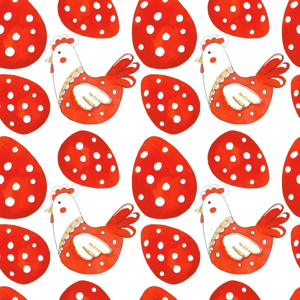 Wzór Wielkanocny Płynny Wzór Czerwonymi Kurcząt Jaj Izolowanych Białym Tle — Zdjęcie stockowe