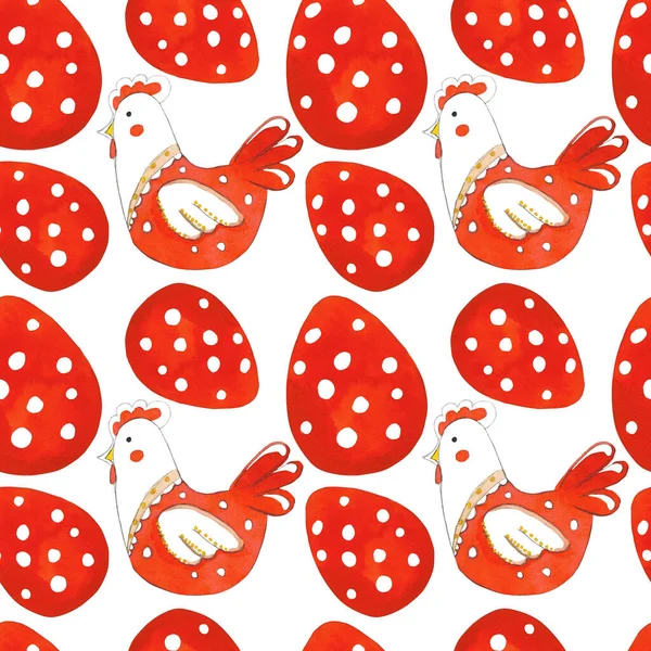 Easter pattern. Seamless pattern with red chickens and eggs isolated on white background. Pattern for greeting cards, wrapping paper, design diaries, fabrics and wallpapers.