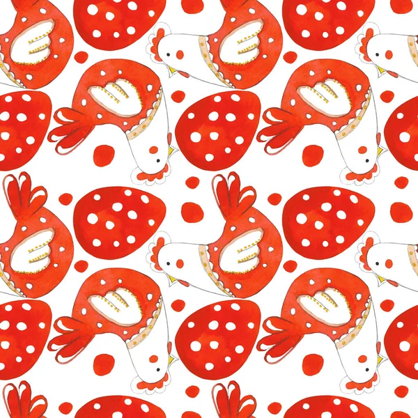 Easter Pattern Seamless Pattern Red Chickens Red Eggs Red Circles — Stock Photo, Image