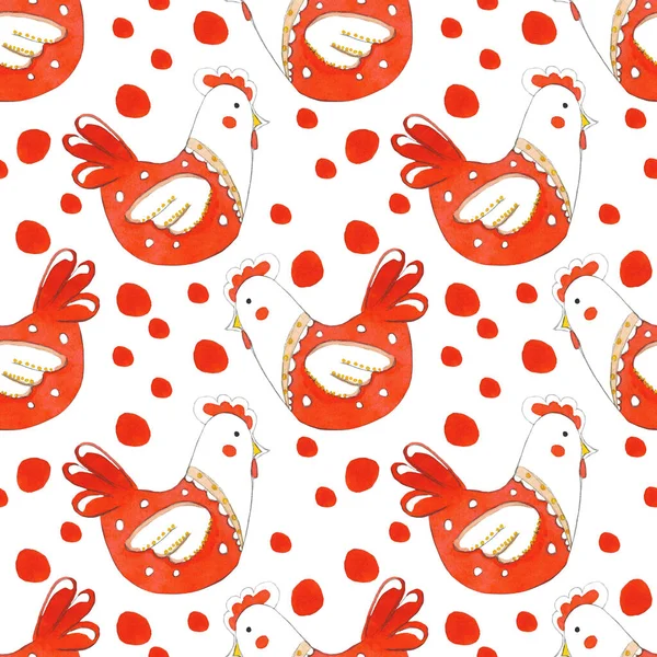 Ostermuster Nahtloses Muster Mit Rotem Huhn Auf Weißem Hintergrund Muster — Stockfoto