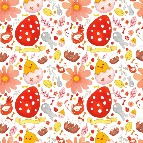 Easter Seamless Pattern Flowers Pussy Willow Branch Yellow Tape Chicks — Stok fotoğraf