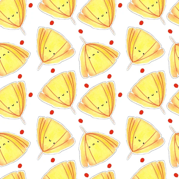 Płynny Wzór Ręcznie Rysowane Słodkie Kreskówki Żółte Jesienne Liście Stylu — Zdjęcie stockowe