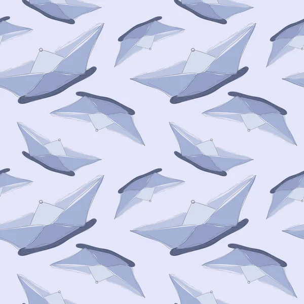 Hand draw doodle light blue paper boats in a seamless pattern design. Stock illustration isolated on light blue background. Perfect to use for surface design, fabric, textile, wallpaper.