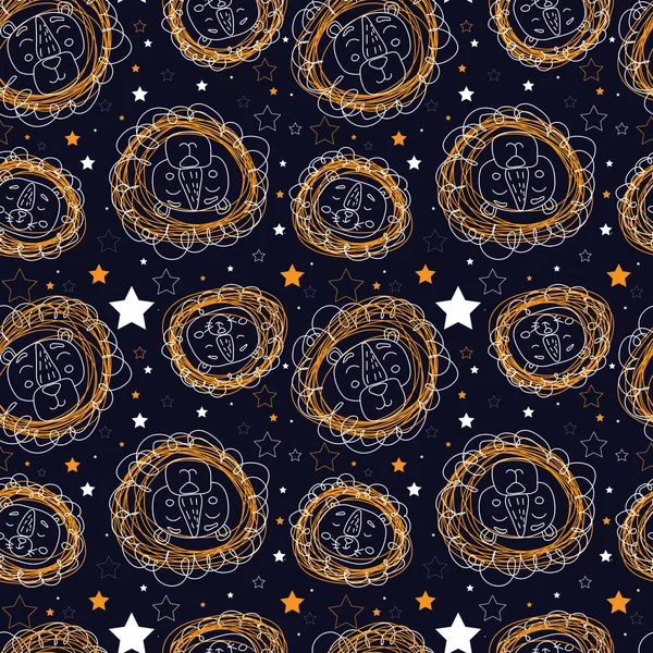 Seamless pattern with cartoon head of animals lions in doodle flat style isolated on dark blue background. Stock illustration. Design for posters, cards, t-shirts, newborn, children's illustration.