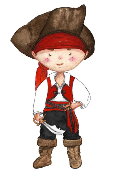 Aquarell Handgezeichnete Illustration Von Cartoon Niedlichen Piratenjungen Roten Weißen Kleidern — Stockfoto