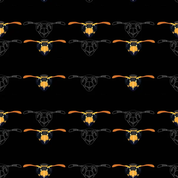 Wespenkopf Nahtloses Muster Isoliert Auf Dunklem Hintergrund Handgezeichnetes Insektenmuster Schöne — Stockfoto