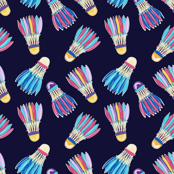 Colorful Shuttlecock Seamless Pattern isolated on dark blue background. Badminton Pattern, sport flat cartoon stock illustration for clothing, t shirt, poster, fabrics, wrapping papers, covers.