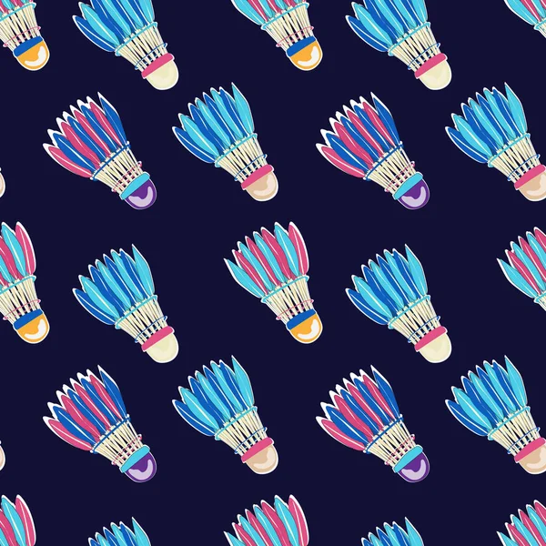 Colorful Shuttlecock Seamless Pattern isolated on dark blue background. Badminton Pattern, sport flat cartoon stock illustration for clothing, t shirt, poster, fabrics, wrapping papers, covers.