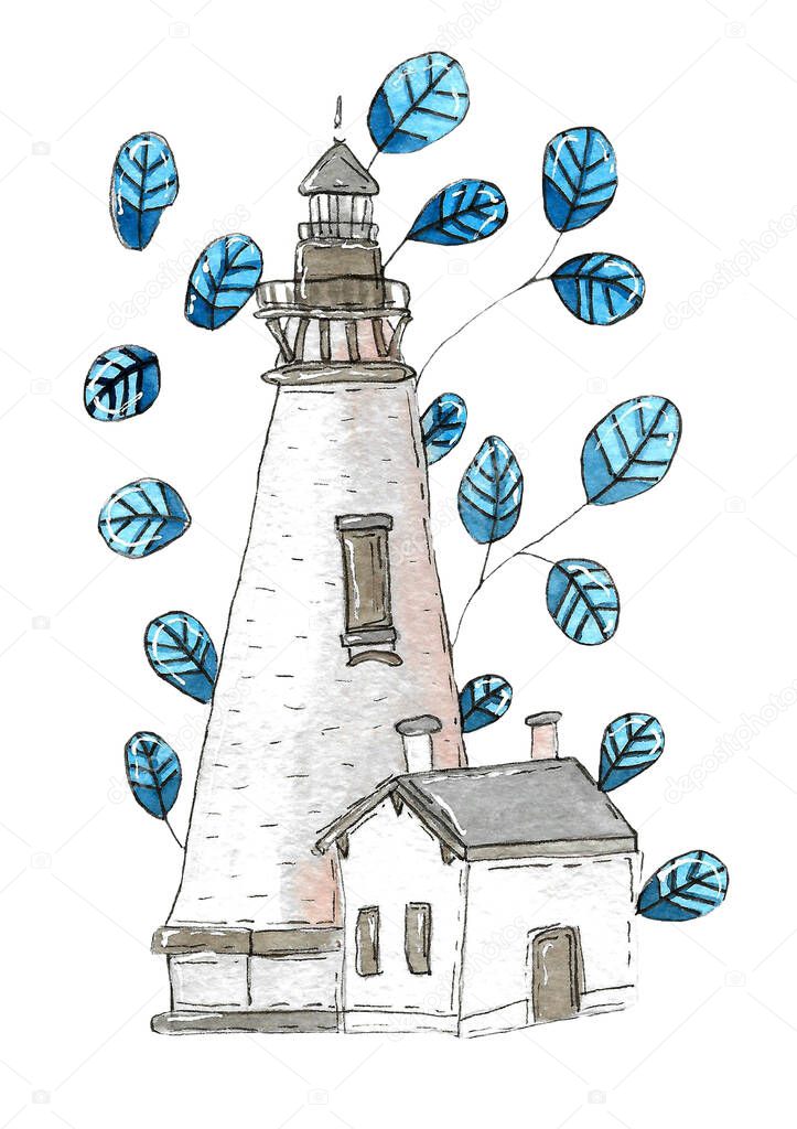 Hand drawn watercolor lighthouse with blue leaves.Creative concept.Can be used as print, for cards, posters.Summer time.