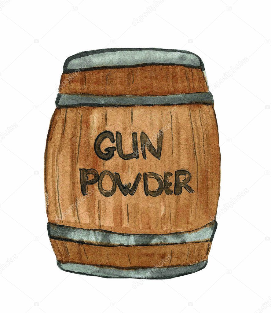 Watercolor cartoon illustration wooden barrel of gunpowder. Watercolor sketch Isolated on white background.