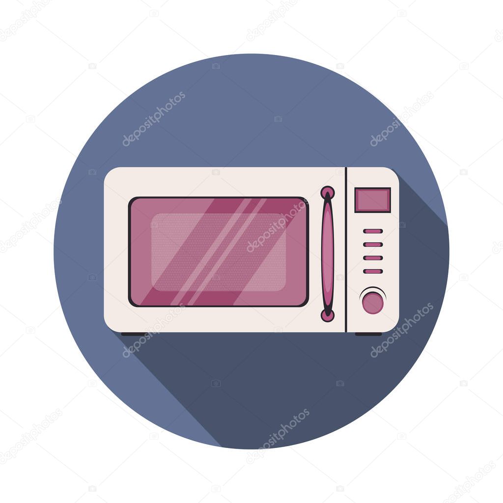 Microwave icon in violet circle with dark violet shadow. Flat illustration isolated on white background of steel microwave vector icon for web design and ets.