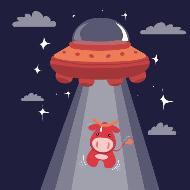 Koyu mavi arka planda izole edilmiş şirin kaçırılma kırmızı ineği olan komik bir UFO çizimi. Tişört, tebrik kartları, partiler, posterler, çıkartmalar, dekor, kapak ve diğerleri için tasarım.