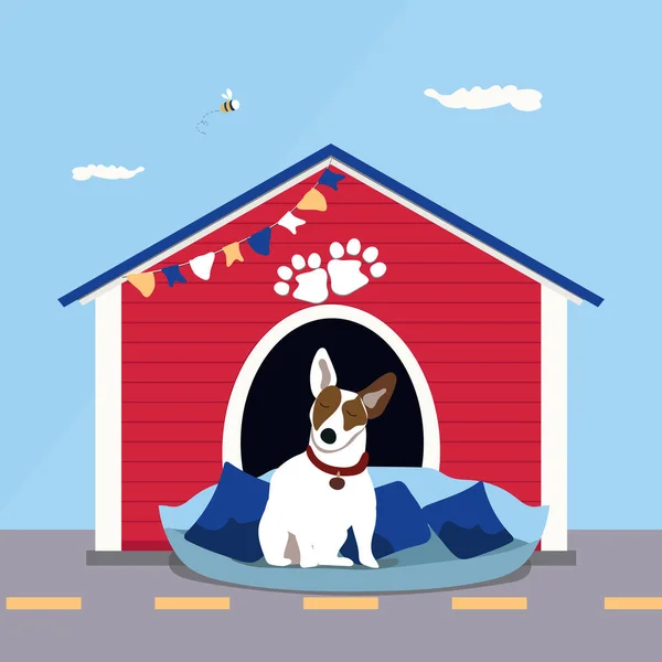 Yanında kırmızı köpek oteli ve küçük arı olan yastığın üzerinde sevimli bir köpek resmi var. Stok çizimi mavi arkaplanda izole edildi. Poster, kumaş, tekstil, çocuk odası dekorasyonu ve diğerleri için tasarım.