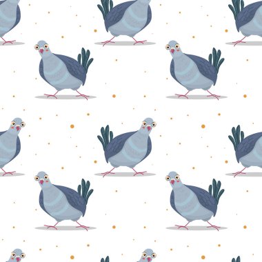 Kusursuz desenli, beyaz arka planda karalamalı şirin güvercinler. Renkli komik kuş ikonu. Stock Düz Çizim. Tekstil baskısı, ambalaj kağıdı ve diğer şeyler için sevimli bir arkaplan.