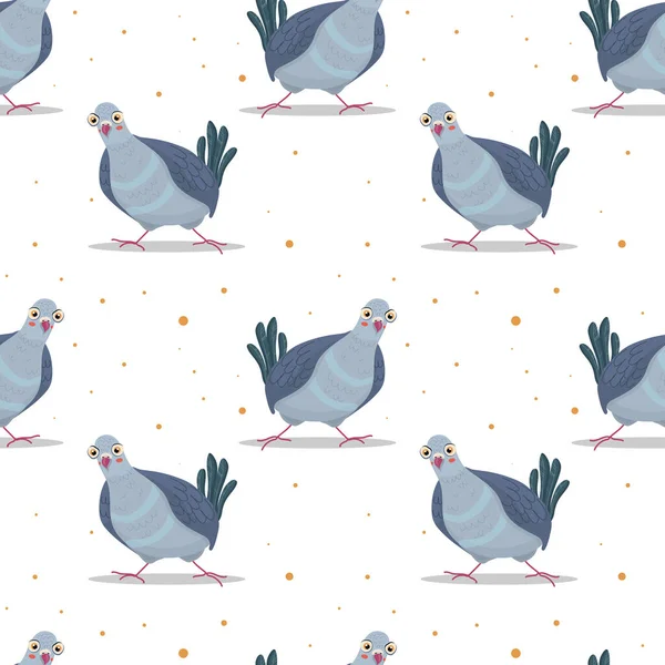 Seamless pattern with doodle cute cartoon doves isolated on white background. Colorful funny bird icon. Stock flat illustration.  Cute background for textile print, wrapping paper and ets.