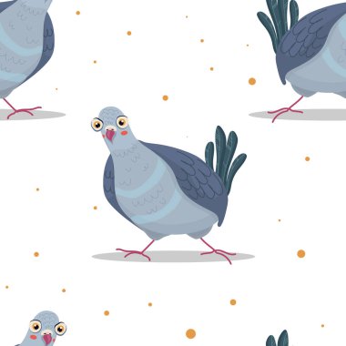 Kusursuz desenli, beyaz arka planda karalamalı şirin güvercinler. Renkli komik kuş ikonu. Vektör stok düz çizim. Tekstil baskısı, ambalaj kağıdı ve diğer şeyler için sevimli bir arkaplan.