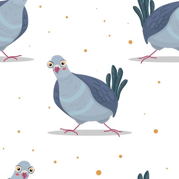 Seamless pattern with doodle cute cartoon doves isolated on white background. Colorful funny bird icon. Vector stock flat illustration.  Cute background for textile print, wrapping paper and ets.