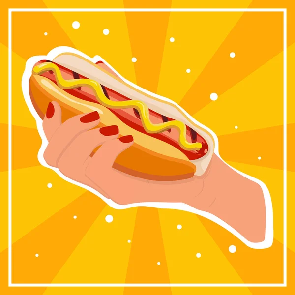 Stock Ilustración Hot Dog Mano Mujer Aislada Sobre Fondo Dinámico —  Fotos de Stock