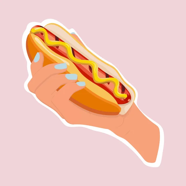 Εικονογράφηση Αρχείου Του Hot Dog Στο Χέρι Γυναίκα Απομονώνονται Ανοιχτό — Φωτογραφία Αρχείου