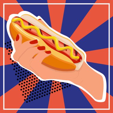 Sosisli sandviçin dinamik mavi ve kırmızı arka planda izole edilmiş hali. Lezzetli fast food poster şablonu. Tek gereken fiyatla ilgili bir metin, özel teklifler..